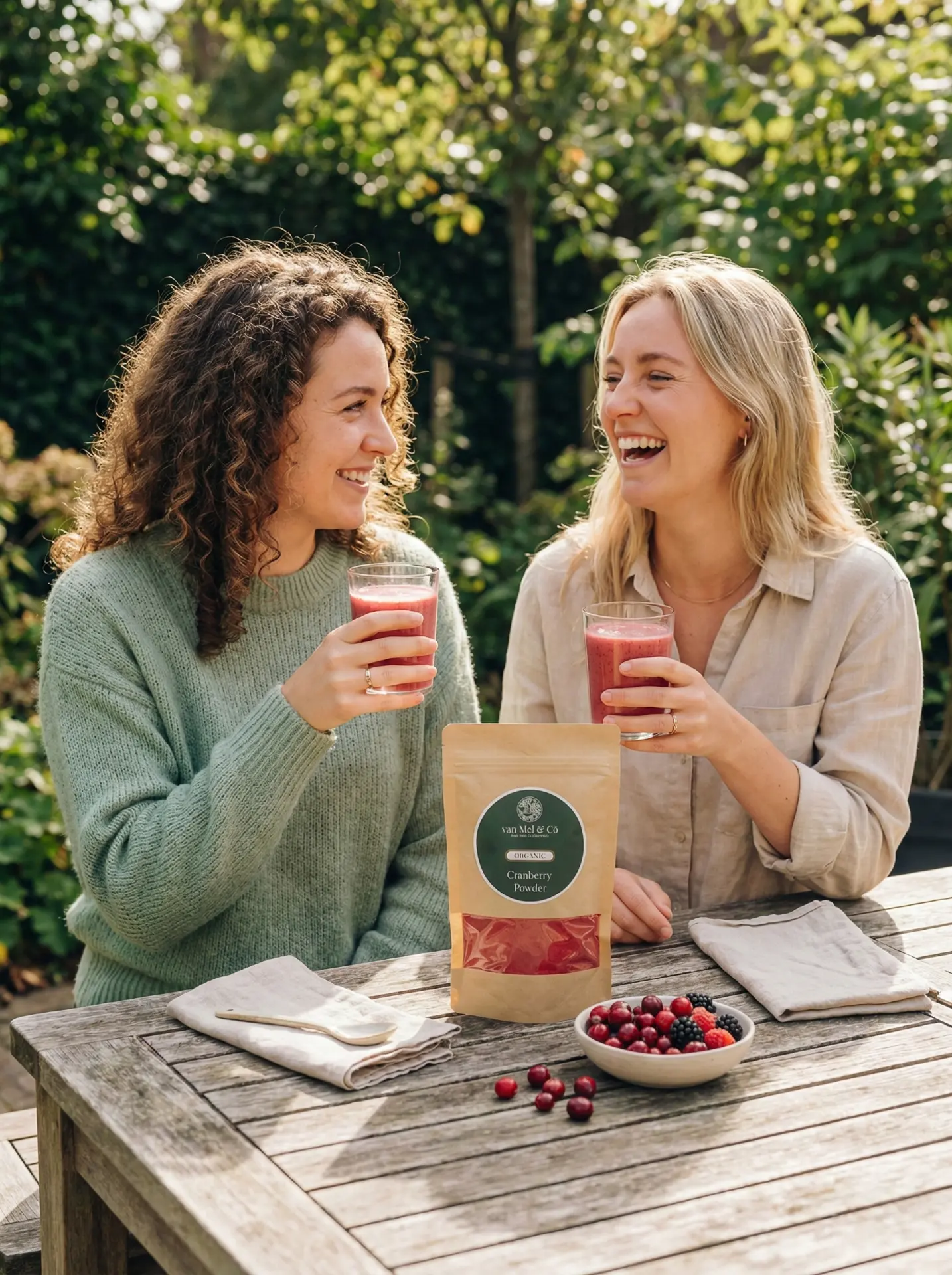 Two friends enjoying cranberry smoothies made with van Mel & Co cranberry powder
